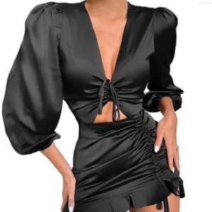 Cédelar Black Sexy Satin Dress With Sleeves and drawstrings size S